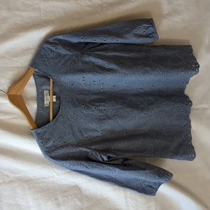 Christopher & banks blouse in denim blue eyelet, lined scallop hem medium